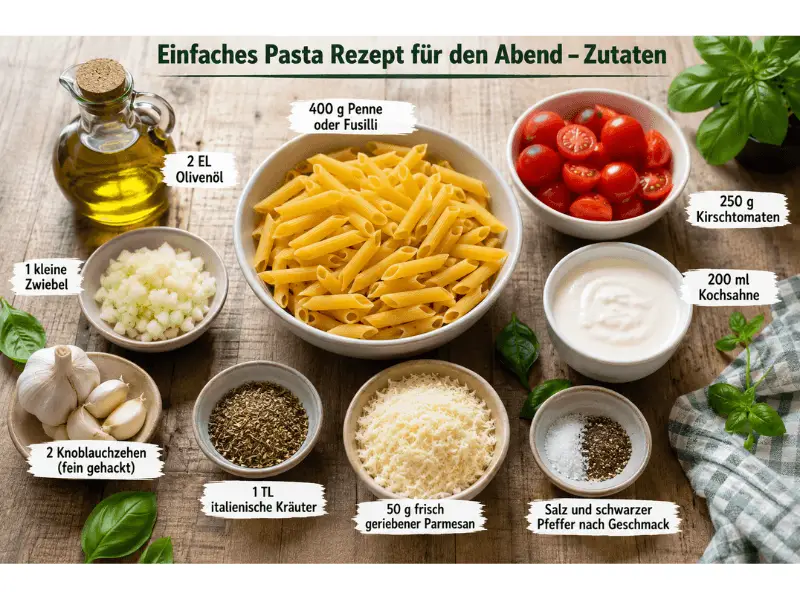 Zutaten für ein einfaches Pasta Rezept für den Abend mit Penne, Parmesan, Sahne und Kirschtomaten.