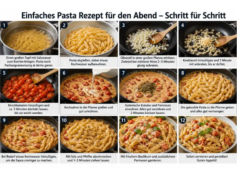 Schritt-für-Schritt Anleitung für ein einfaches Pasta Rezept für den Abend mit cremiger Sauce.