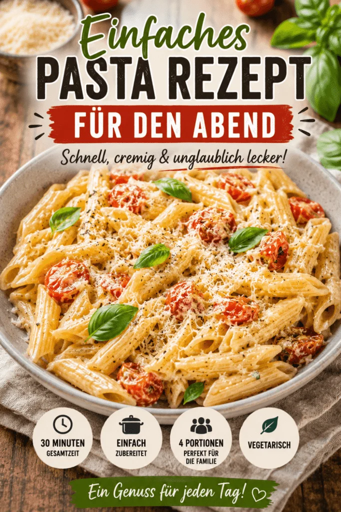 Einfaches Pasta Rezept für den Abend – cremige Penne mit Parmesan und Kirschtomaten.