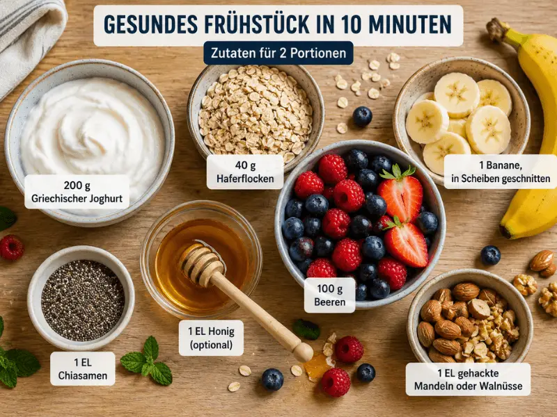 Gesundes Frühstück in 10 Minuten Zutaten mit Joghurt Haferflocken und Beeren