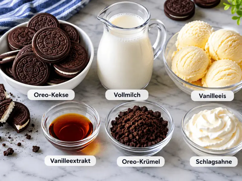 Oreo Milkshake Rezept Zutaten mit Oreo-Keksen, Vollmilch und Vanilleeis