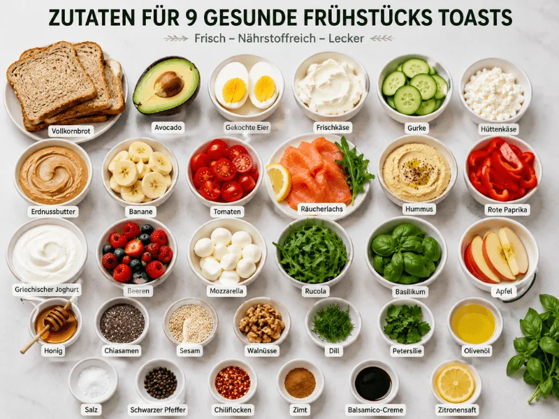 Zutaten für 9 Gesunde Frühstücks Toasts mit Vollkornbrot, Avocado, Gemüse und frischen Belägen