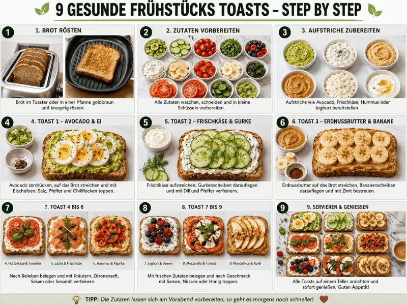 Schritt-für-Schritt Anleitung für 9 Gesunde Frühstücks Toasts