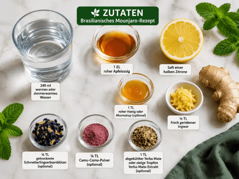 Zutaten für das Brasilianische Mounjaro-Rezept mit Apfelessig, Zitrone und Ingwer