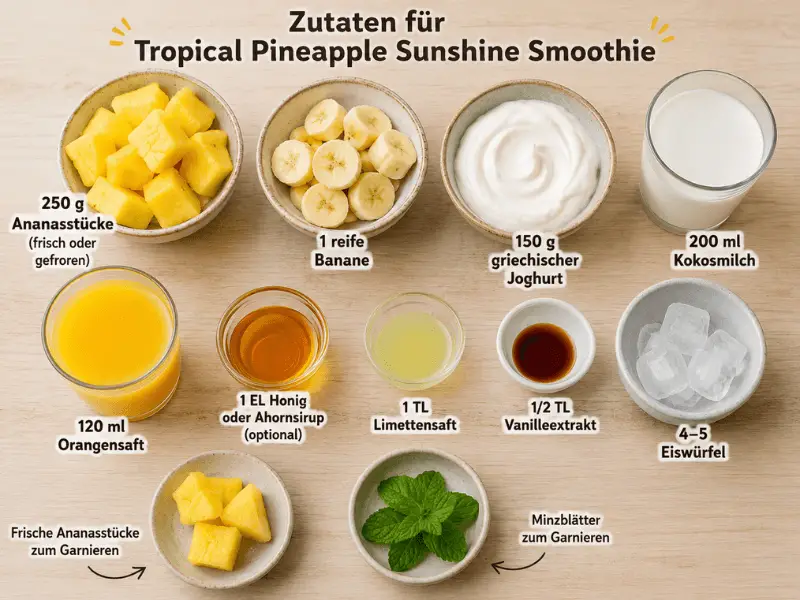 Zutaten für einen Tropical Pineapple Sunshine Smoothie mit Ananas, Banane, Joghurt und Kokosmilch.