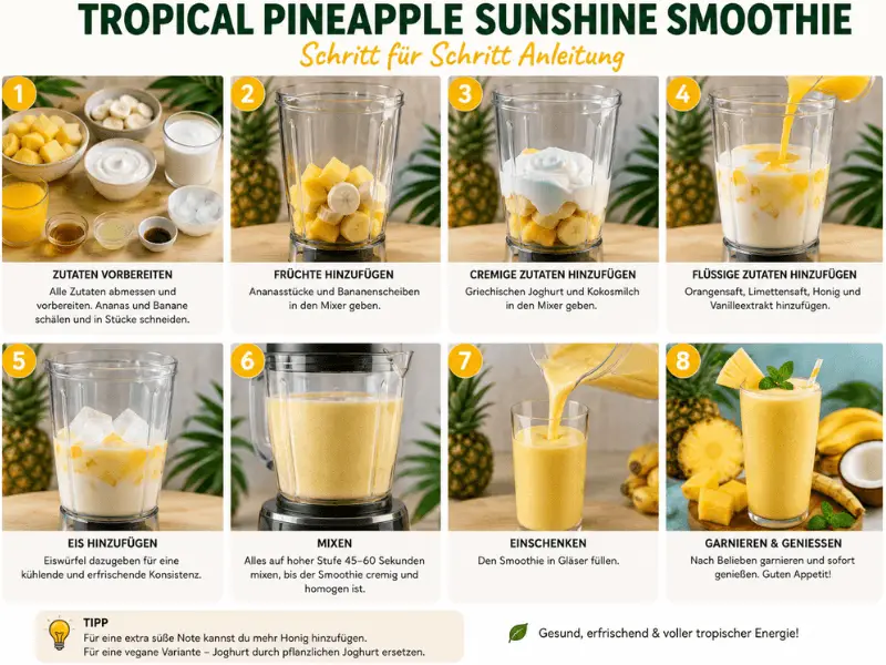 Schritt-für-Schritt-Anleitung für den Tropical Pineapple Sunshine Smoothie.