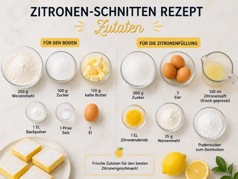 Zutaten für das Zitronen-Schnitten Rezept mit Mehl, Butter, Zucker, Eiern und frischen Zitronen.