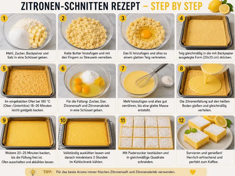 Schritt-für-Schritt-Anleitung für das Zitronen-Schnitten Rezept.