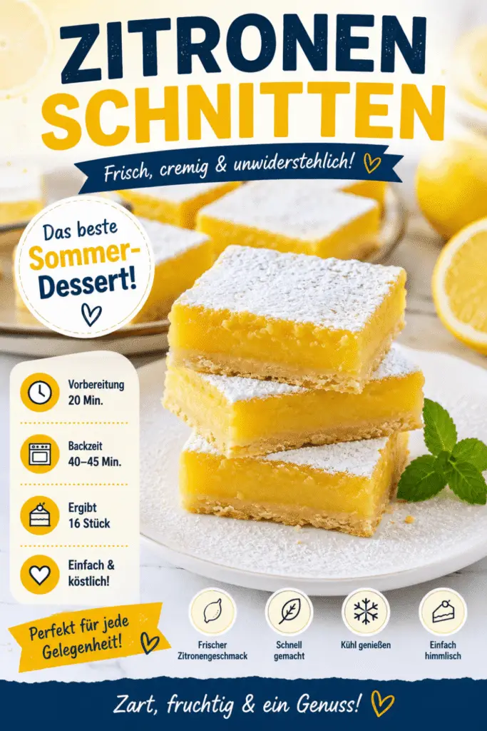 Zitronen-Schnitten Rezept – cremige Zitronenschnitten mit Puderzucker.