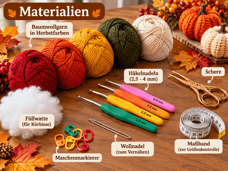 Materialien für herbstliche Tischdeko häkeln mit Garn und Häkelnadeln