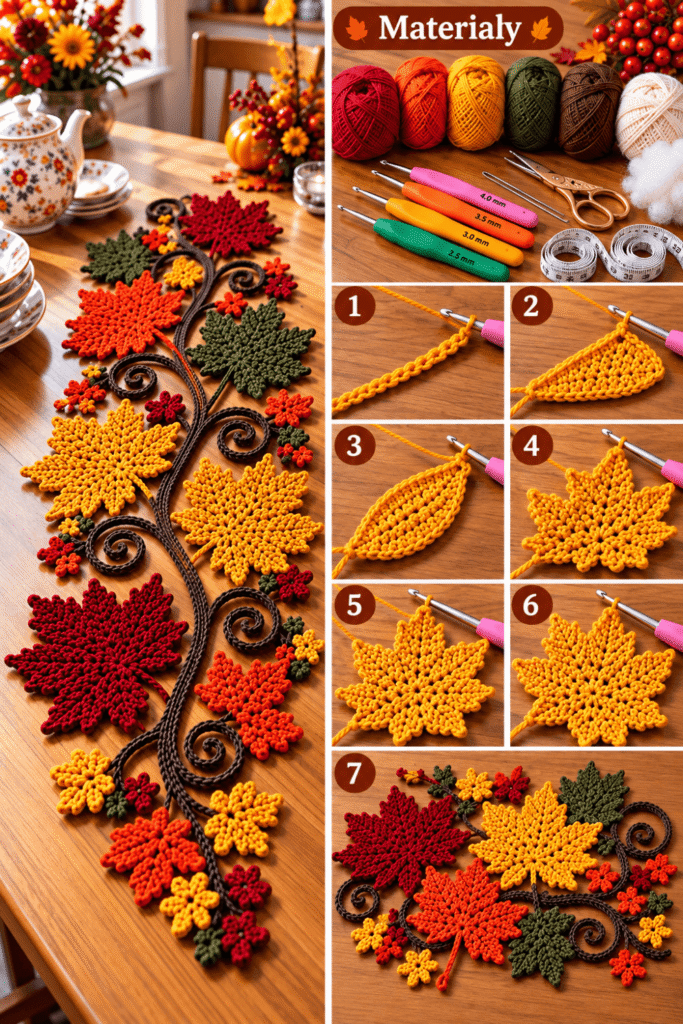 Herbstliche Tischdeko häkeln mit 7 Ideen für Blätter und Blumen