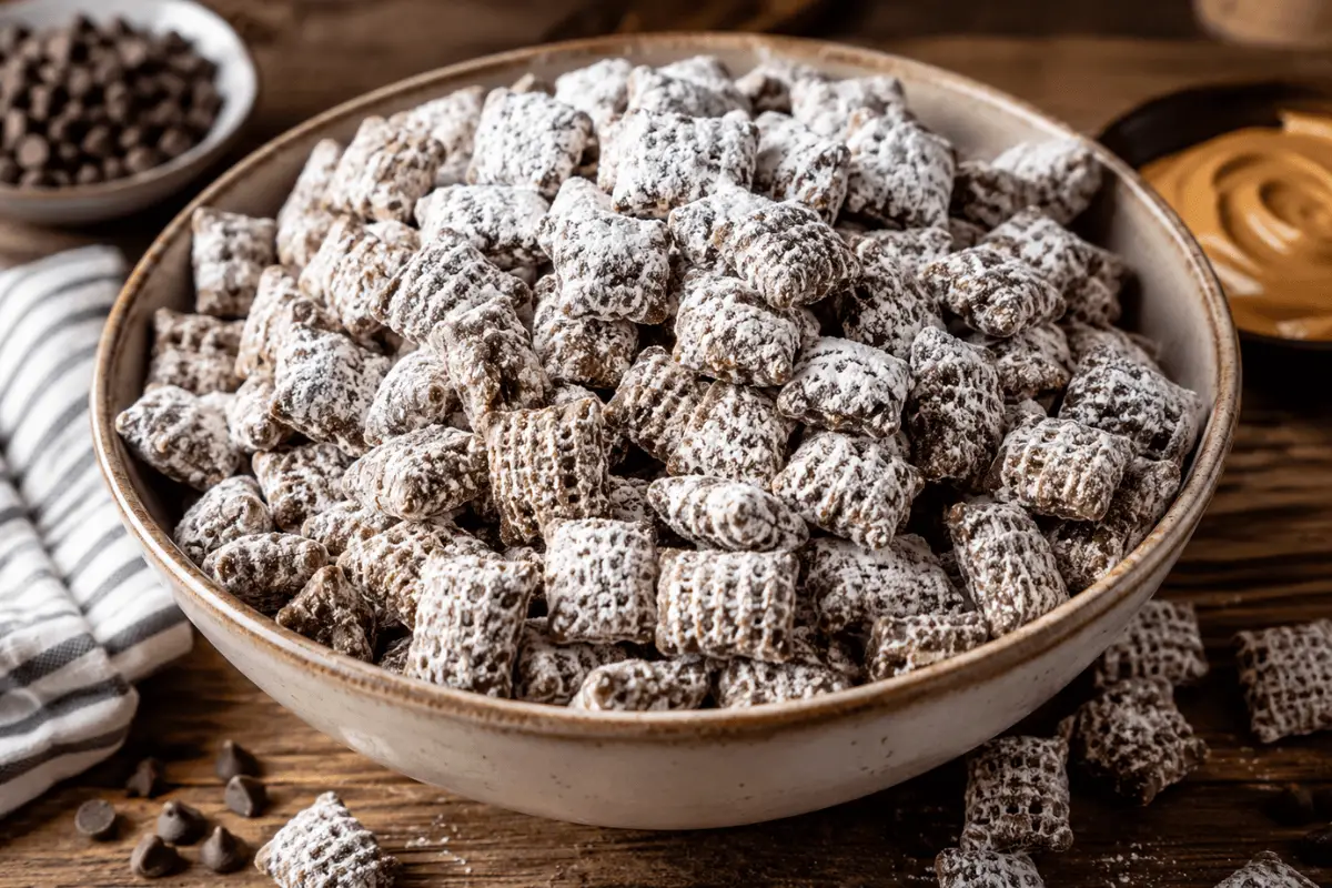 Muddy Buddies Rezept mit Schokolade und Puderzucker