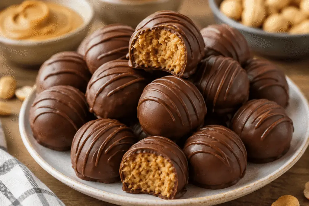 Erdnussbutterbonbons mit Schokoladenüberzug auf einem Dessertteller