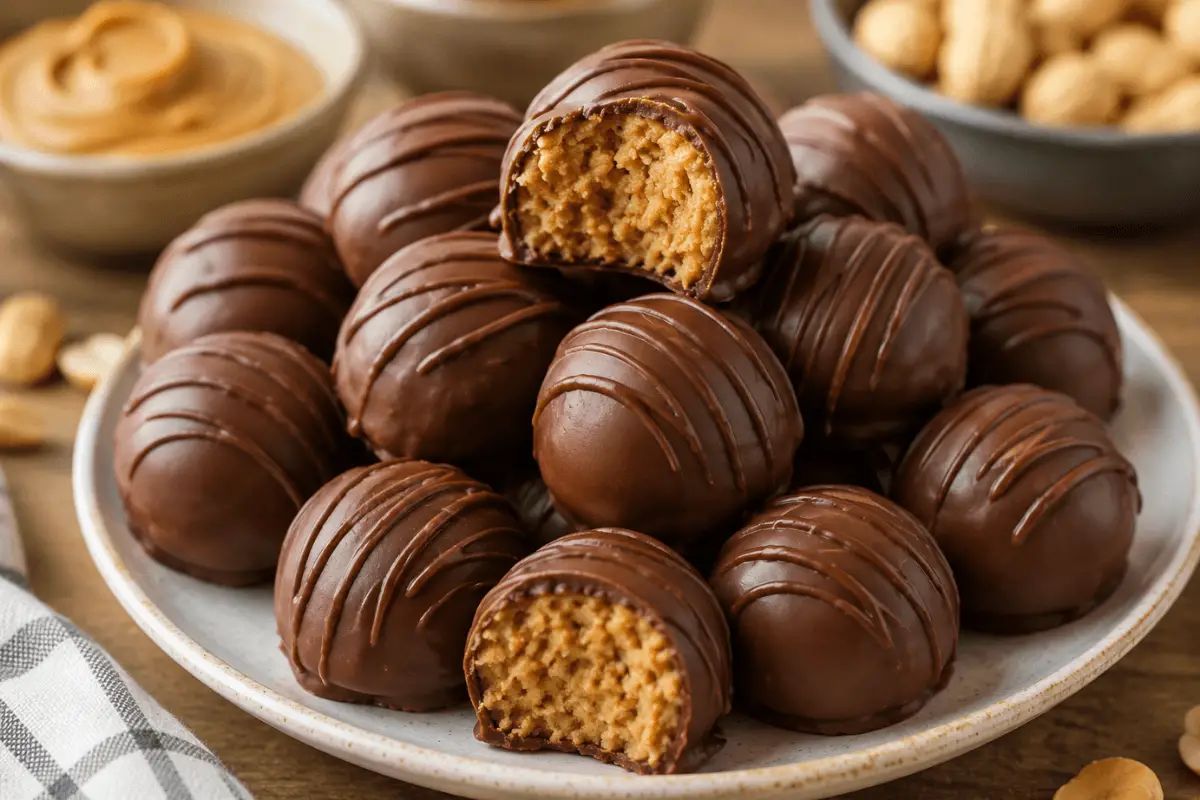 Erdnussbutterbonbons mit Schokoladenüberzug auf einem Dessertteller