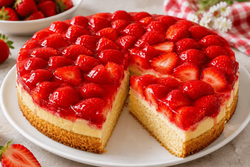 Image Alt Text: Klassischer Erdbeerkuchen mit frischen Erdbeeren und glänzendem Tortenguss auf einem lockeren Kuchenboden