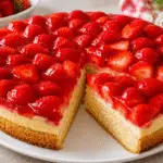 Image Alt Text: Klassischer Erdbeerkuchen mit frischen Erdbeeren und glänzendem Tortenguss auf einem lockeren Kuchenboden
