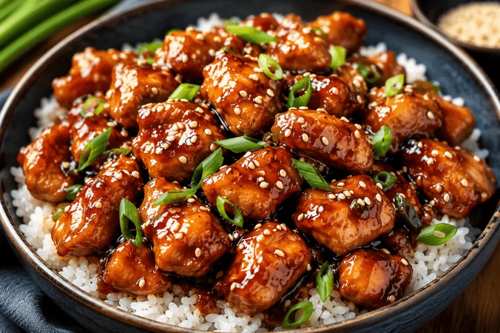 Klebriges Huhn mit glänzender Honig-Soja-Sauce, garniert mit Sesam und Frühlingszwiebeln, serviert in einer Schüssel mit Reis.