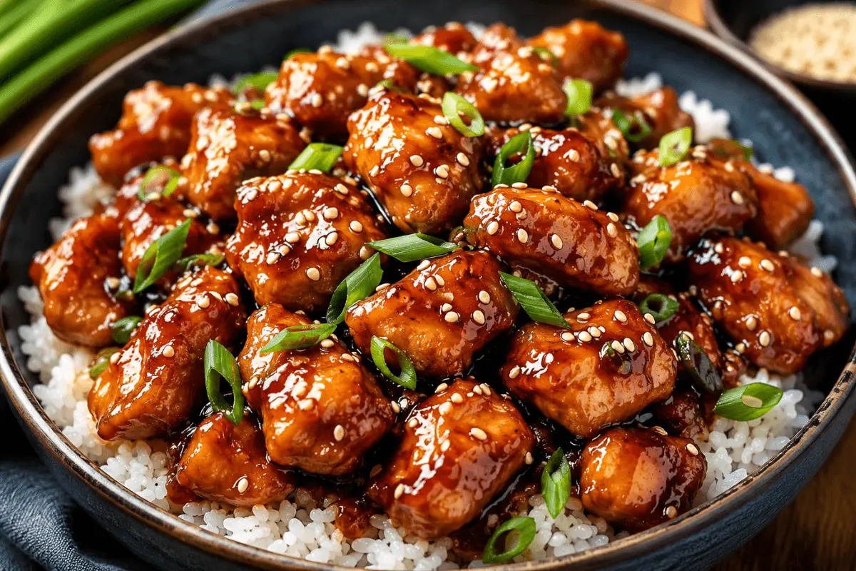 Klebriges Huhn mit glänzender Honig-Soja-Sauce, garniert mit Sesam und Frühlingszwiebeln, serviert in einer Schüssel mit Reis.