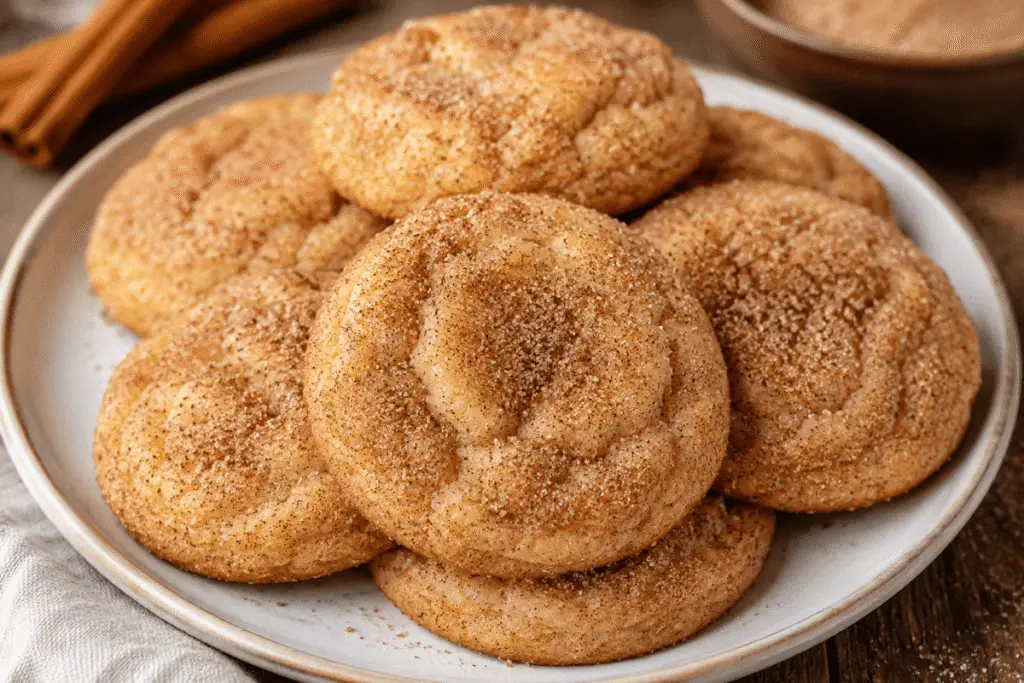 Cremiger Teig für Churro-Käsekuchen-Kekse in einer Glasschüssel, frisch vermischt mit Frischkäse, Vanille und Zimt vor dem Backen.