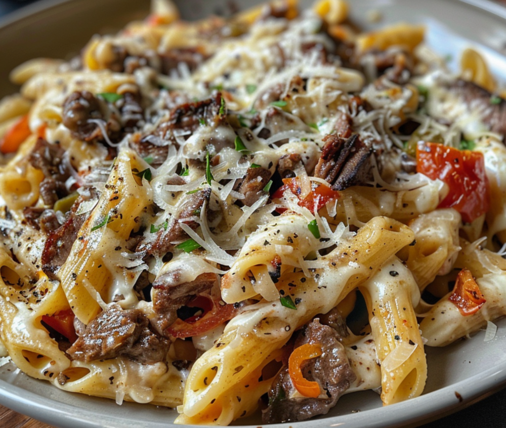 Delicious Philly Cheesesteak Pasta Dish