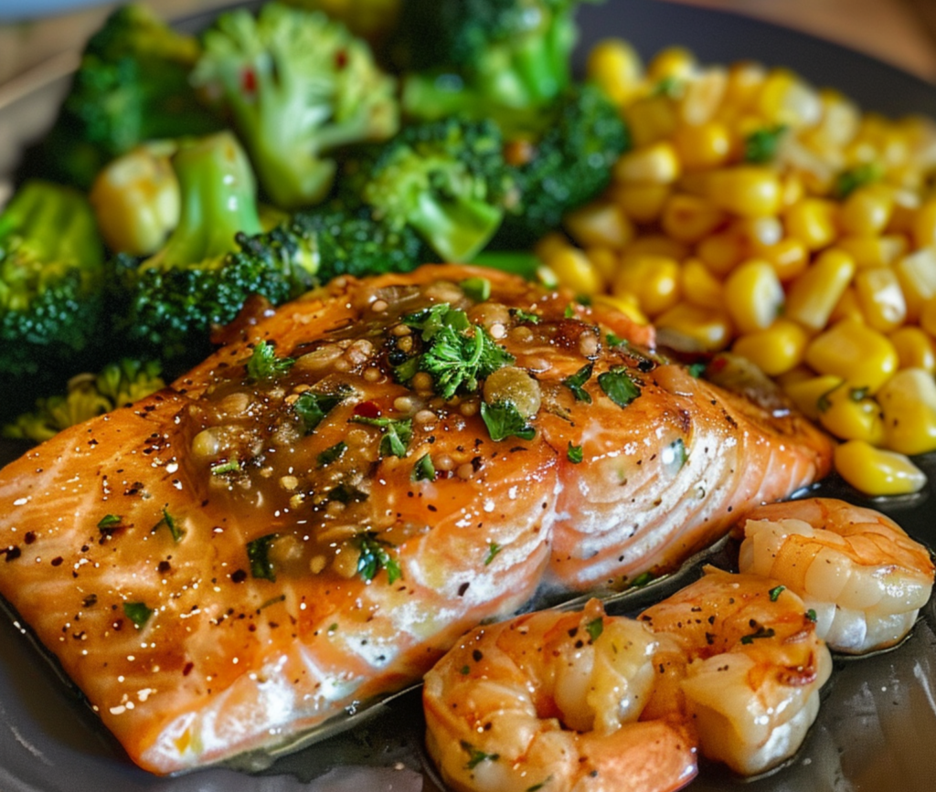 Delicious Salmon & Shrimp with Cheesy Broccoli and Corn