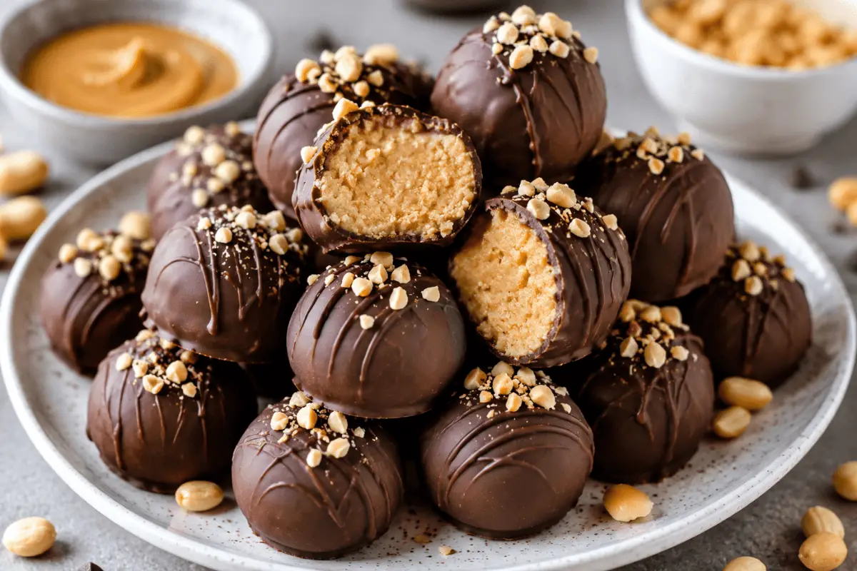 Schritt-für-Schritt-Anleitung für Erdnussbutterbällchen (Rosskastanien) mit cremiger Erdnussbutterfüllung, geschmolzener Schokolade und gehackten Erdnüssen als Dekoration.