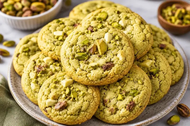 Pistazienpudding-Kekse auf einem Teller mit gehackten Pistazien und weißer Schokolade