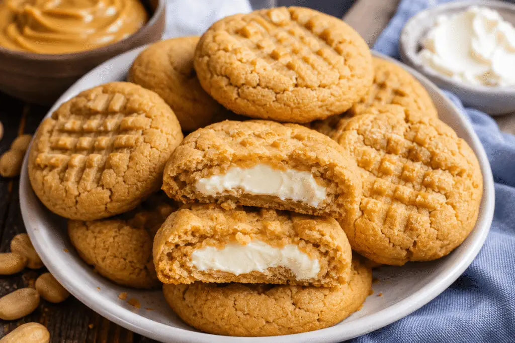 Rezept für Erdnussbutter-Käsekuchen-Kekse mit cremiger Frischkäsefüllung und weicher Cookie-Textur