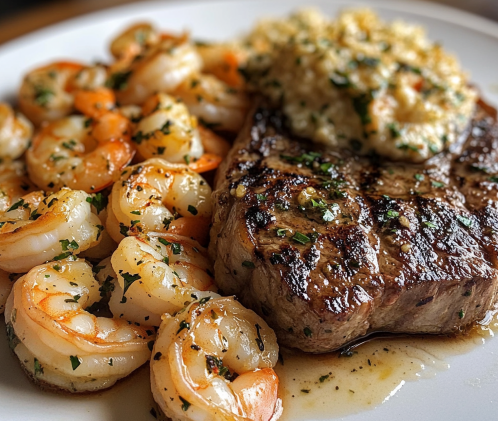 Perfectly Cooked Steak and Shrimp Scampi on a White Plate