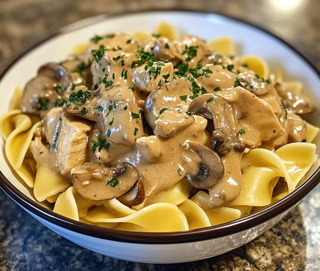 Creamy Chicken Stroganoff with Mushrooms Served on Egg Noodles