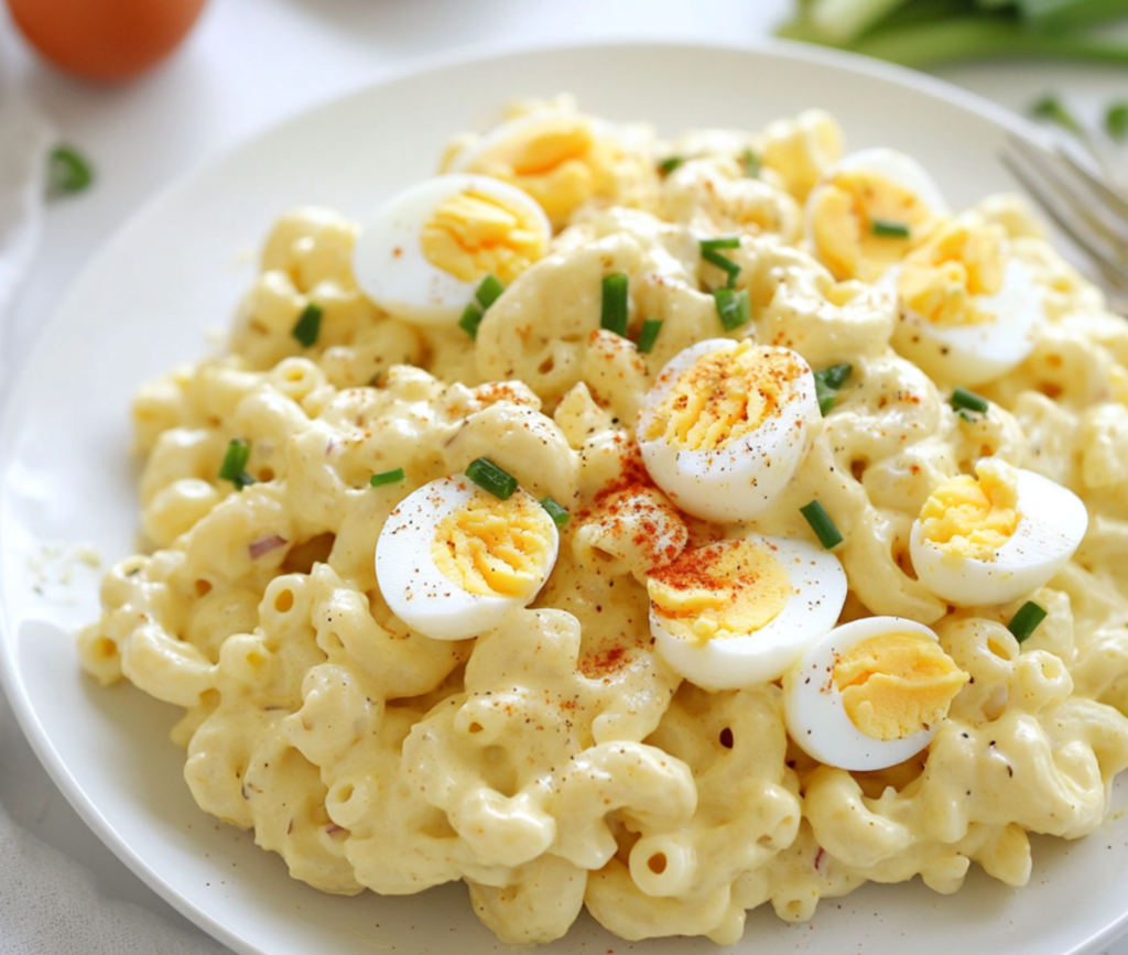 Creamy Deviled Egg Macaroni Salad in a Bowl