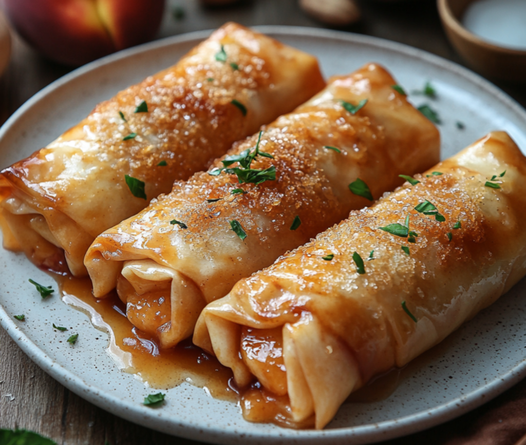 Golden Peach Cobbler Egg Rolls with Vanilla Bean Dipping Sauce