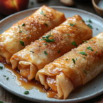 Golden Peach Cobbler Egg Rolls with Vanilla Bean Dipping Sauce