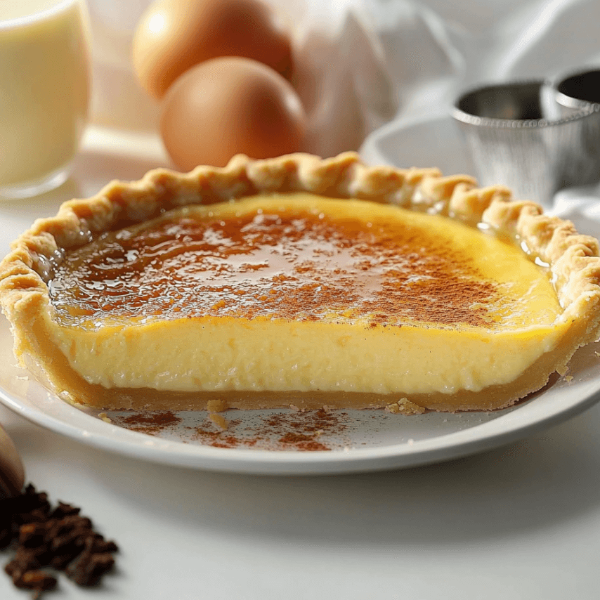 Old Fashioned Custard Pie on a Rustic Table