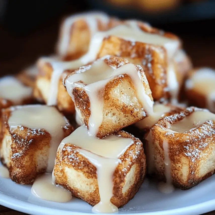 Cinnamon Roll French Toast Bites on a Serving Plate