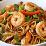 Shrimp Chow Mein with Vegetables in a Wok