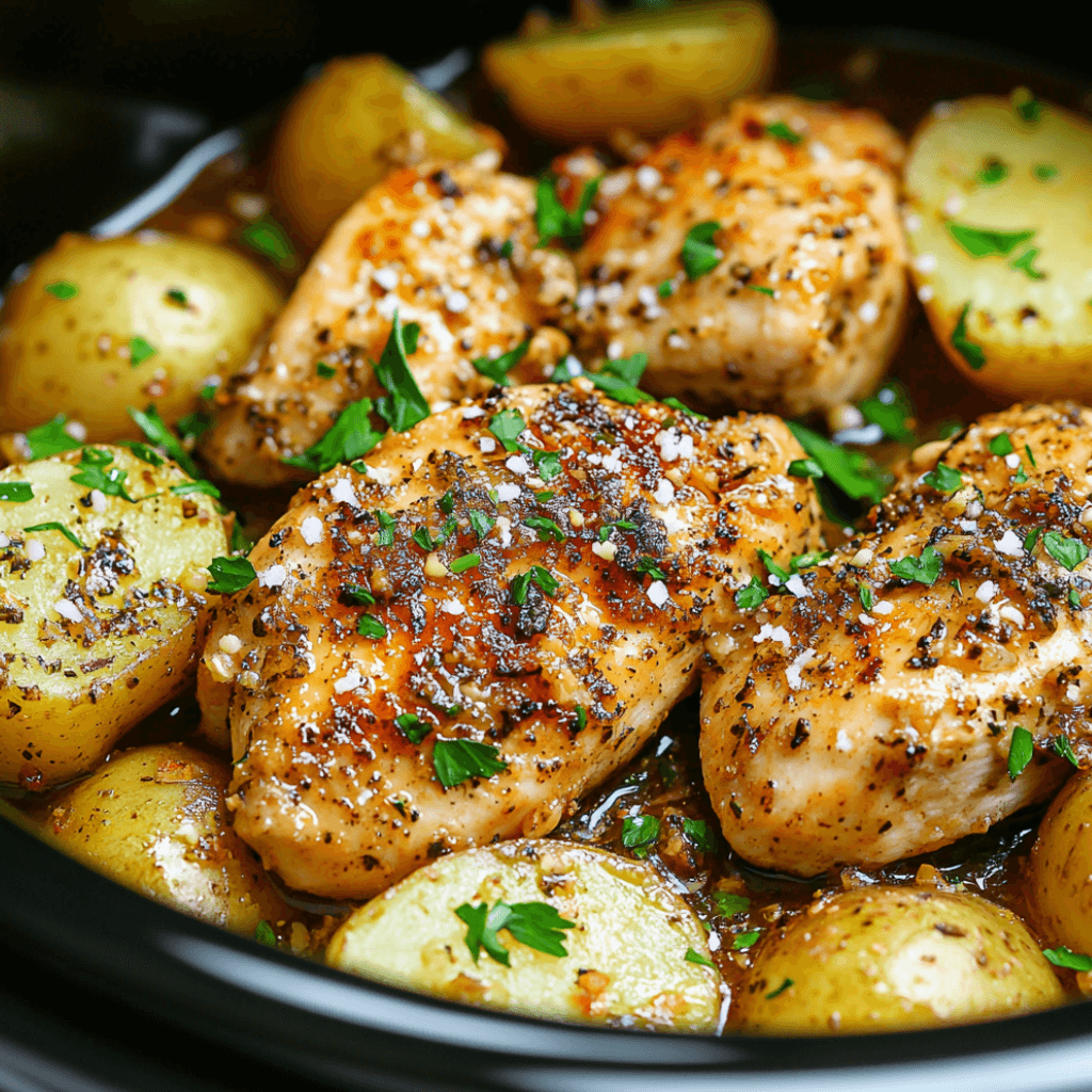 Crockpot Garlic Parmesan Chicken and Potatoes recipe you'll love!