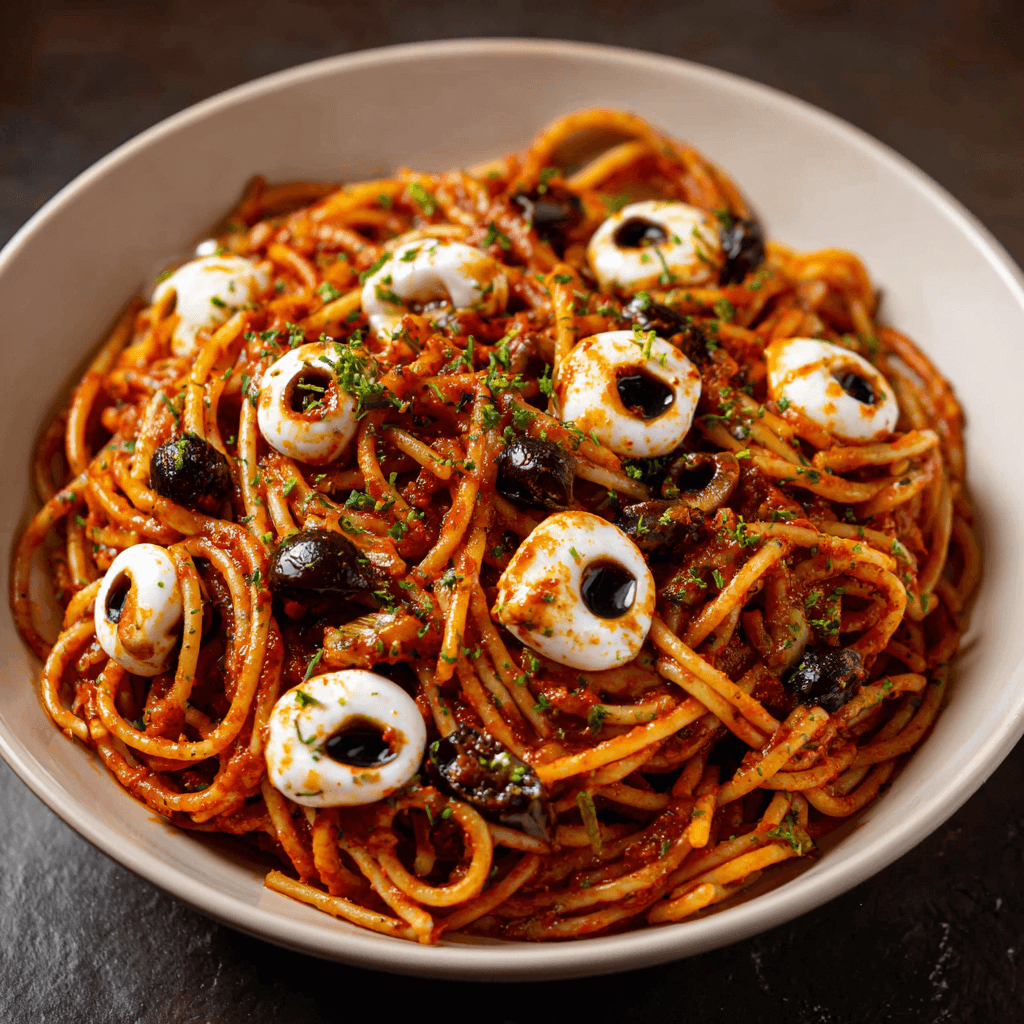 Bloody Spaghetti with Mozzarella Eyeballs: A Spooktacular Dish!