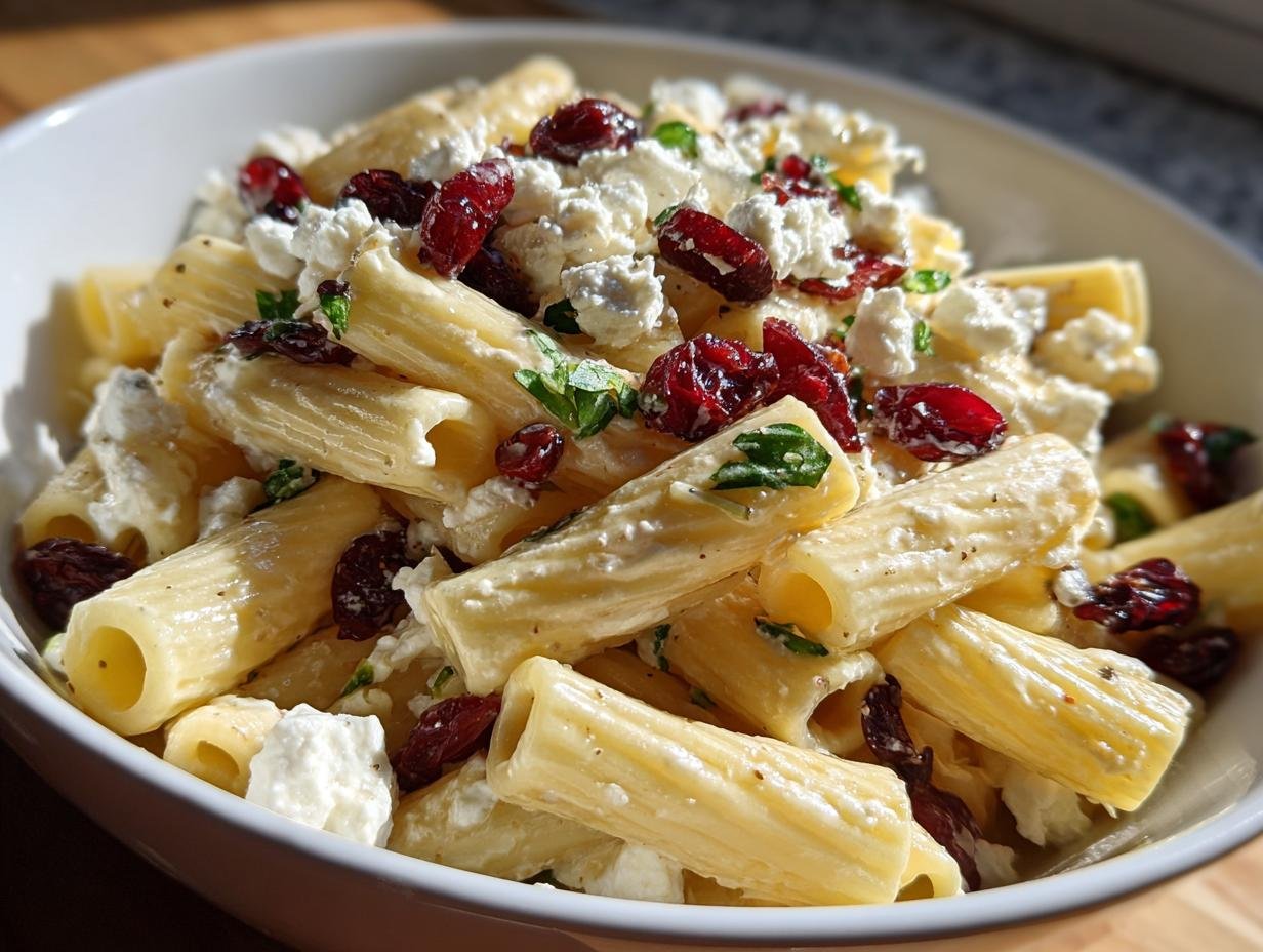 Creamy Cranberry Feta Rigatoni Salad with Lemon Vinaigrette