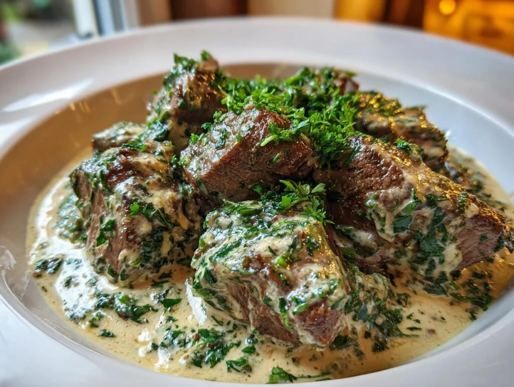 Garlic Butter Steak Tips with Parmesan Herb Cream