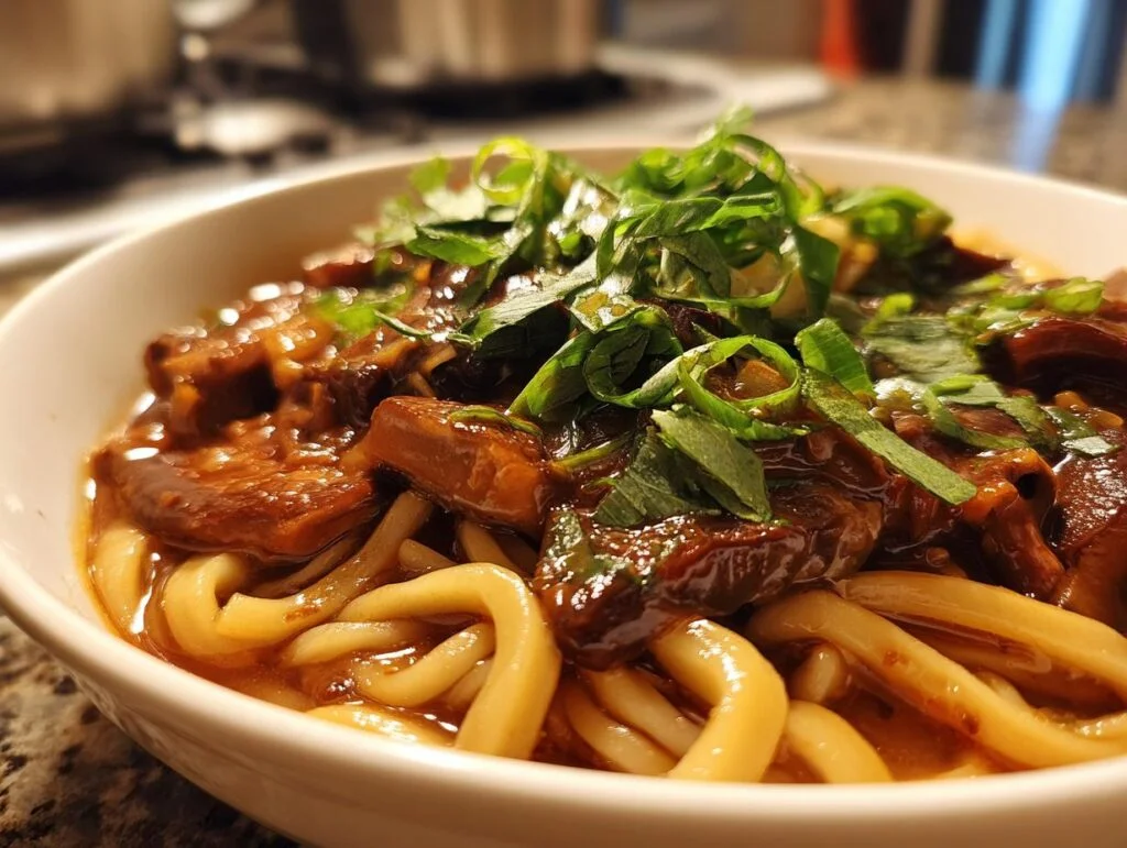 Miso Udon Noodle Soup with Teriyaki Mushrooms