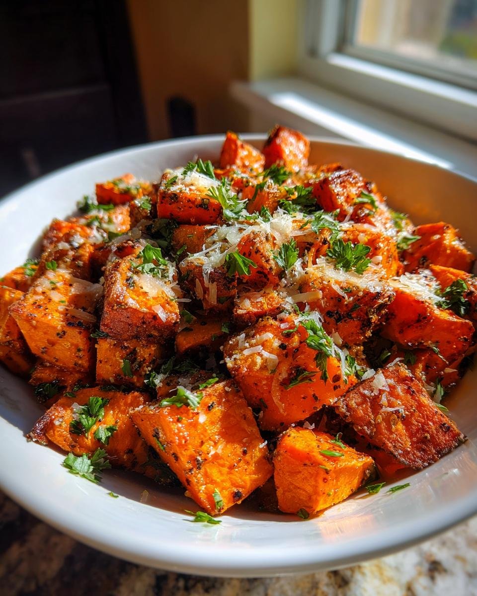 Savory Parmesan Garlic Roasted Sweet Potatoes Side Dish - detail 1