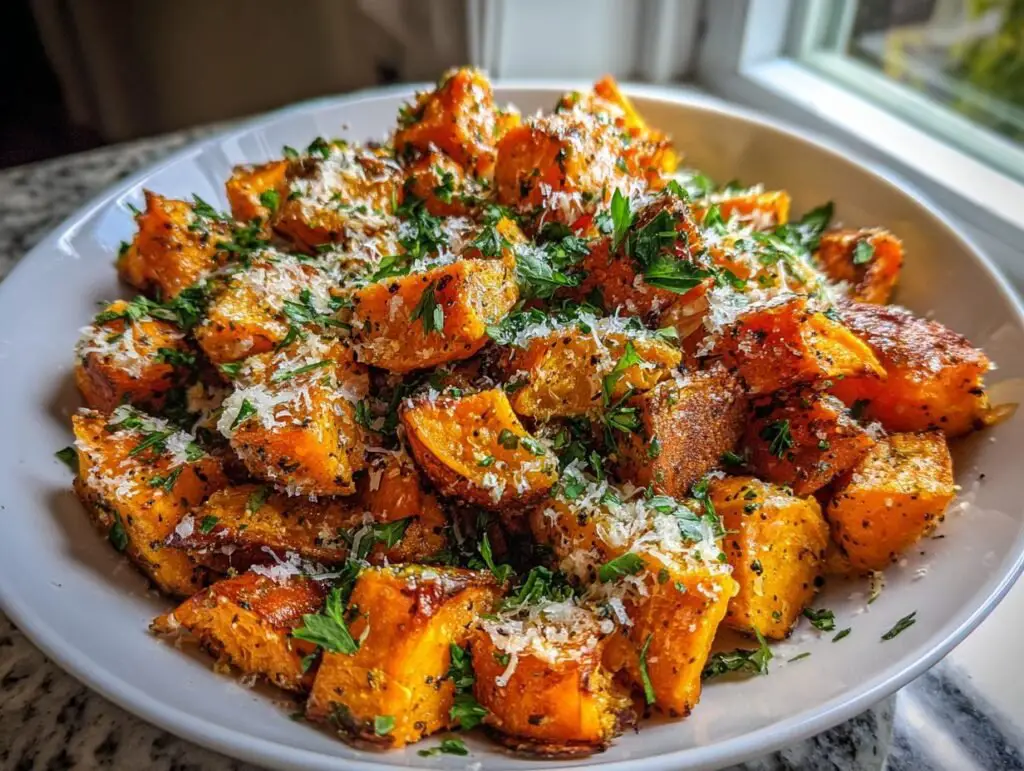 Savory Parmesan Garlic Roasted Sweet Potatoes Side Dish