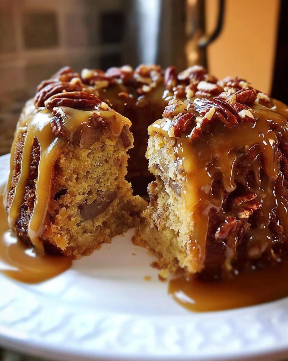 Delicious Apple Pecan Cake Topped with a Sweet and Sticky Caramel Glaze - detail 1