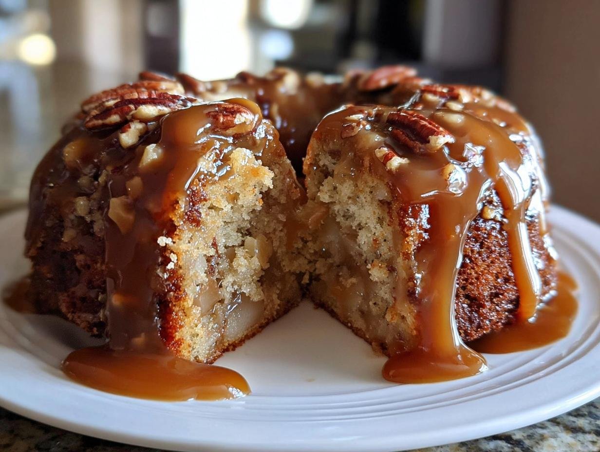 Delicious Apple Pecan Cake Topped with a Sweet and Sticky Caramel Glaze