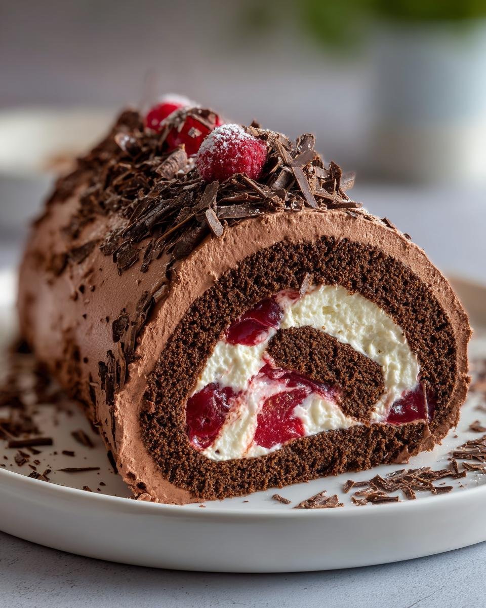 Elegant Black Forest Cake Roll: Chocolate, Cream, & Cherry Swiss Roll Dessert! Perfect for Holiday - detail 1