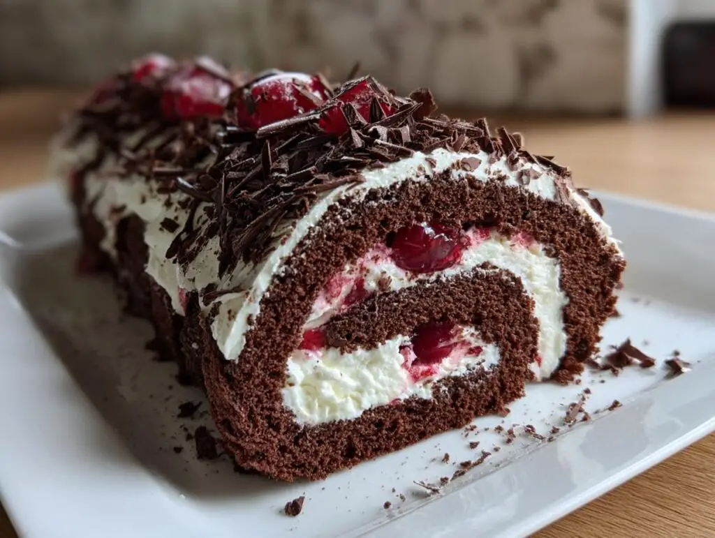 Elegant Black Forest Cake Roll: Chocolate, Cream, & Cherry Swiss Roll Dessert! Perfect for Holiday