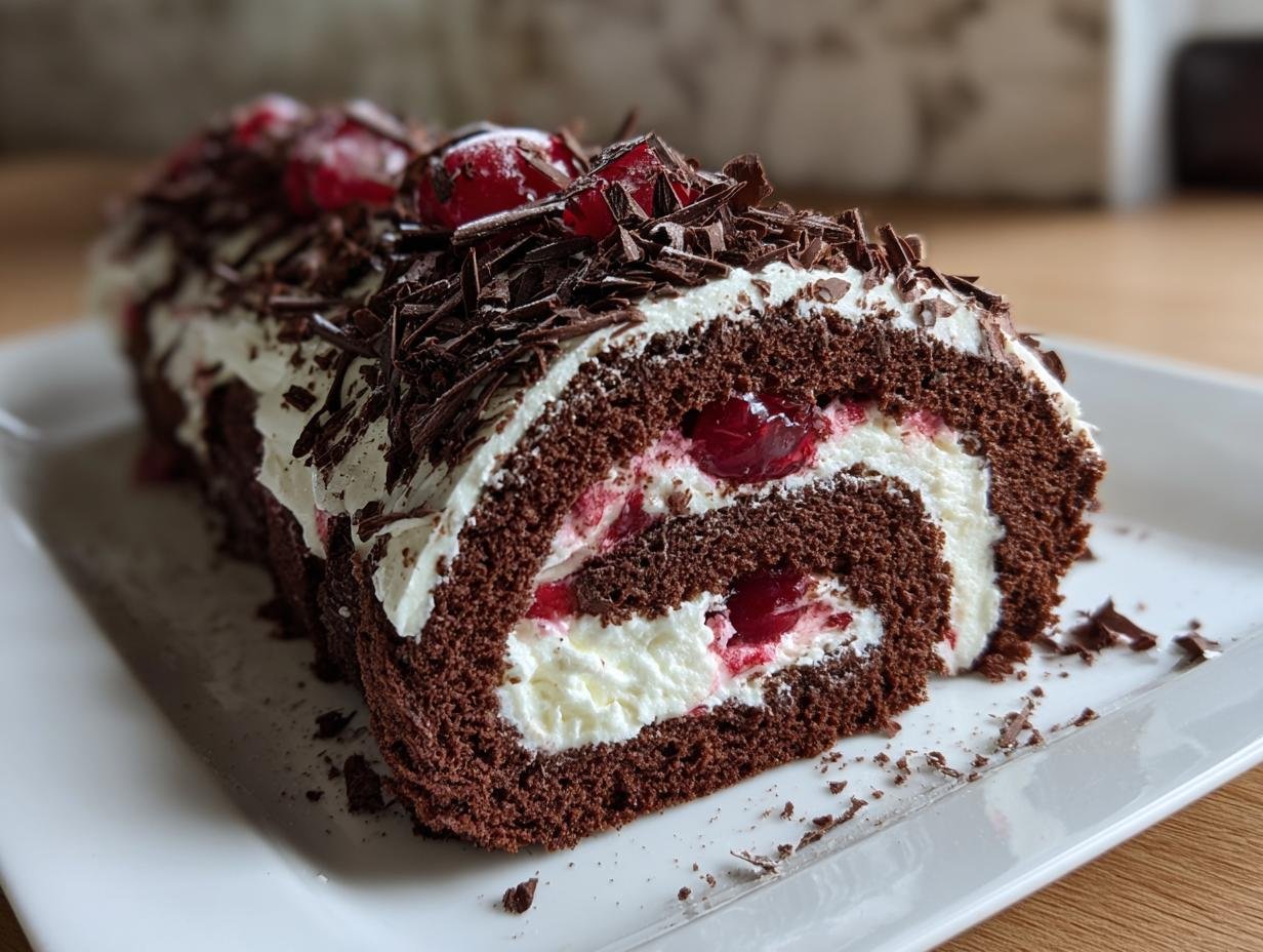Elegant Black Forest Cake Roll: Chocolate, Cream, & Cherry Swiss Roll Dessert! Perfect for Holiday