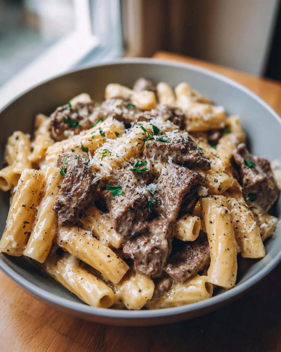 Cajun Steak Tips in Cheesy Rigatoni Parmesan Sauce - detail 1