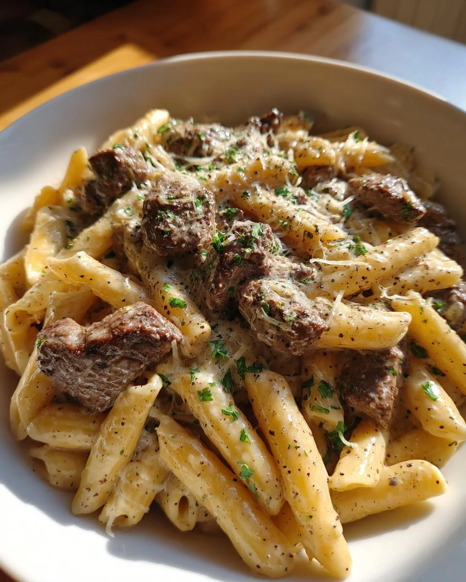 Cajun Steak Tips in Cheesy Rigatoni Parmesan Sauce - detail 2